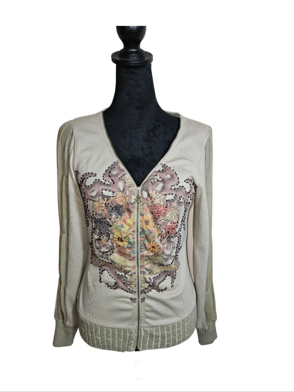 Alberto Makali Vintage Y2K Sage Green Mixed Media Tattoo Zip- Up Cardigan Size S